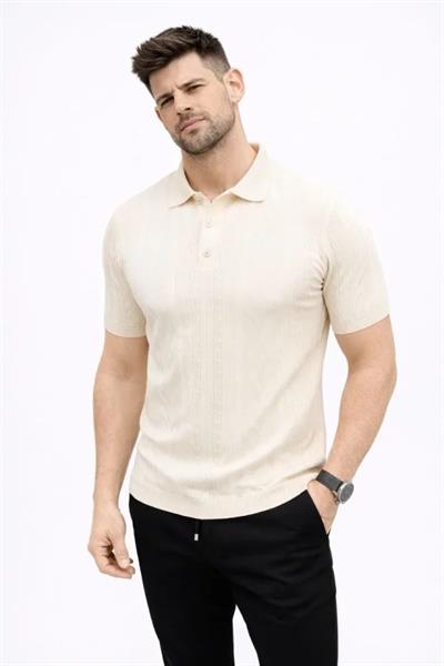 Erkek Yazlık Triko Tişört Kısa Kol Polo Yaka Düğmeli T-Shirt - Krem