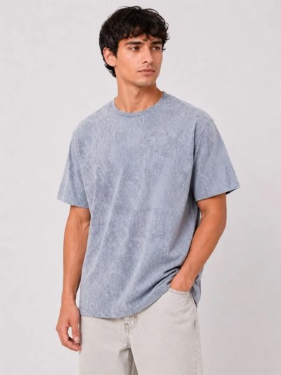 Erkek Yıkamalı Washed Effect Tişört Bisiklet Yaka Sokak Stil Kısa Kol T-Shirt - Gri