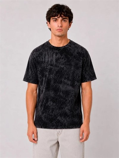 Erkek Yıkamalı Washed Effect Tişört Bisiklet Yaka Sokak Stil Kısa Kol T-Shirt - Siyah