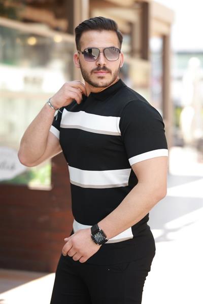 Erkek şerit Desenli Hemşire Yaka Kısa Kollu Tişört