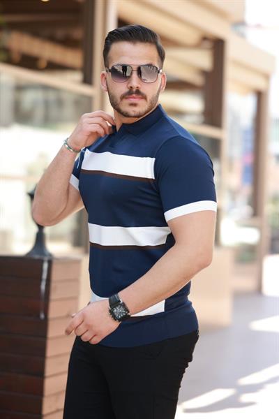 Erkek şerit Desenli Hemşire Yaka Kısa Kollu Tişört