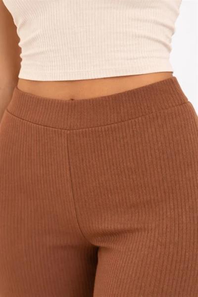 Fitilli Kaşkorse İspanyol Paça Tayt Yüksek Bel Esnek Günlük Rahat Pantolon - Kahverengi