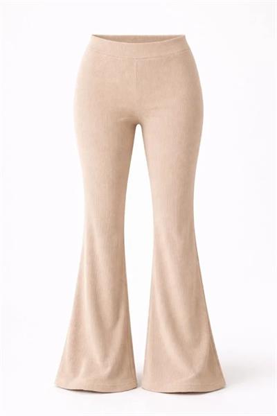 Fitilli Kaşkorse İspanyol Paça Tayt Yüksek Bel Esnek Günlük Rahat Pantolon - Bej