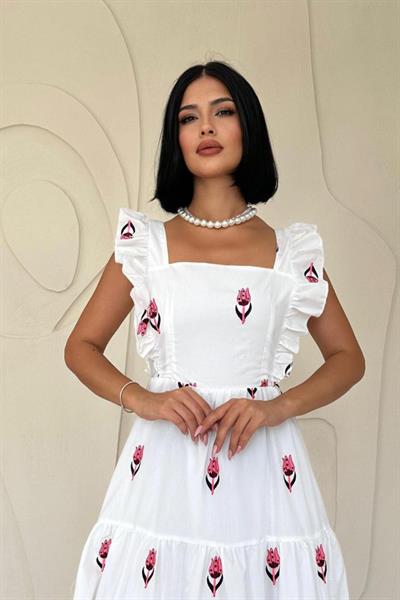 Fuşya Sıfır Kol Fırfırlı Elbise