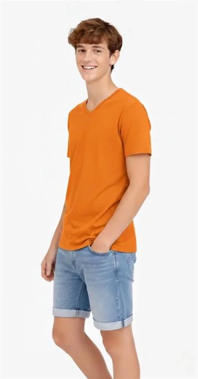 Genç Erkek Çocuk V Yaka Tişört Yazlık Model Günlük Basic Body - Turuncu