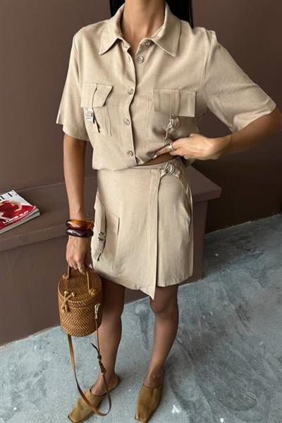 Gömlek Şort Etek Viscon Keten Takım 10162