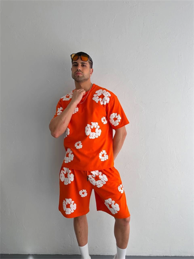 İki İplik Kumaş Baskılı T-shirt Şortlu Takım- Turuncu