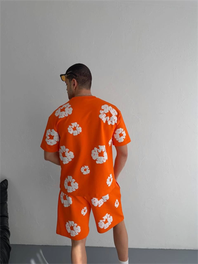 İki İplik Kumaş Baskılı T-shirt Şortlu Takım- Turuncu