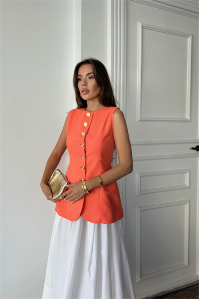 JAKAR KETEN YELEK BELDEN OTURTMALI GOLD DÜĞMELİ - Orange