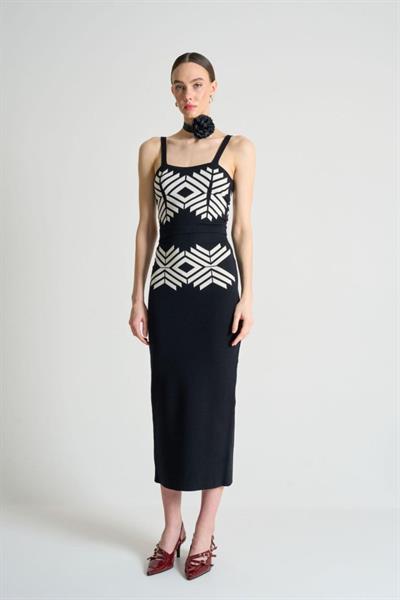 Jakarlı İnce Askılı  Triko Takım - Siyah-Beyaz Kayısı