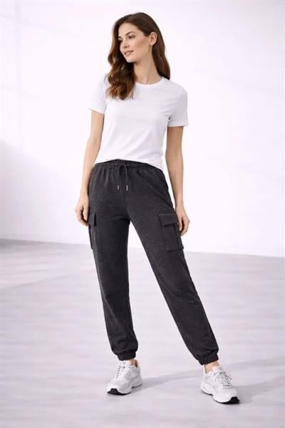 Jogger Eşofman Altı Rahat Kalıp, Kargo Cepli, Lastikli Paça, Günlük Spor Pantolon - Füme