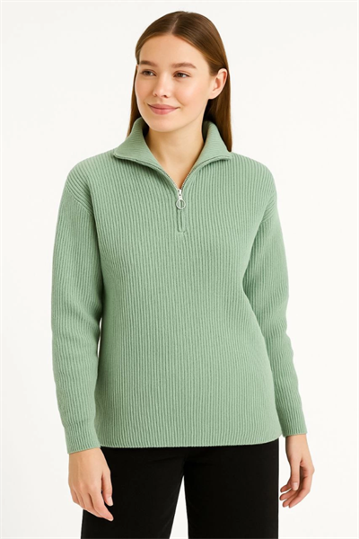 KADIN Yarım Fermuarlı Triko Kazak – Selanik Örgü, Dik Yaka, Pamuklu Dokuma, Oversize Uzun Kollu Kışlık Model - Mint Yeşili