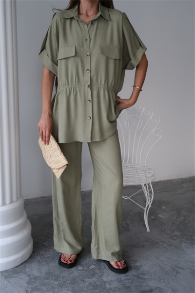 KETEN BELDEN BÜZGÜ DETAYLI GÖMLEK - PANTOLON TAKIM - Yeşil