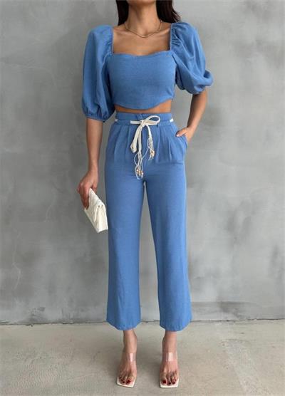 KETEN CROP KARPUZ KOL BLUZ-PANTOLON HASIR KEMERLİ - Mavi