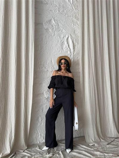 KETEN MADONNA YAKA KOL HASIR ŞERİT - PANTOLON TAKIM - Siyah