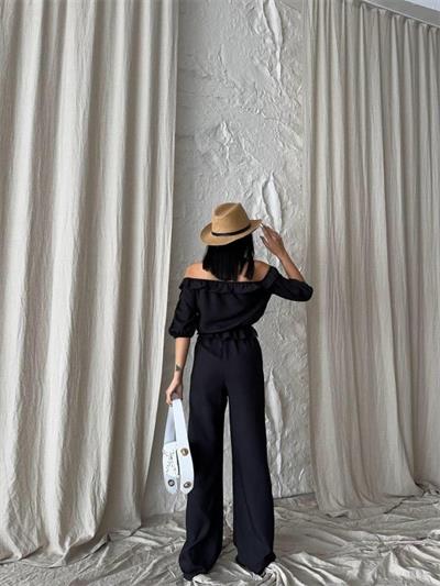 KETEN MADONNA YAKA KOL HASIR ŞERİT - PANTOLON TAKIM - Siyah