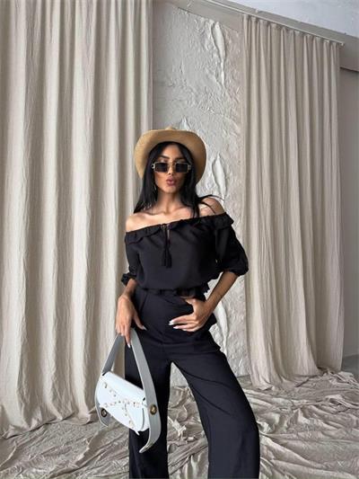 KETEN MADONNA YAKA KOL HASIR ŞERİT - PANTOLON TAKIM - Siyah