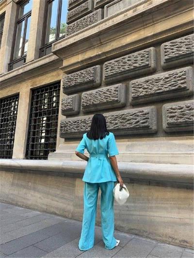 KISA KOL BAĞLAMA DETAYLI CEKET-PANTOLON TAKIM - Mavi