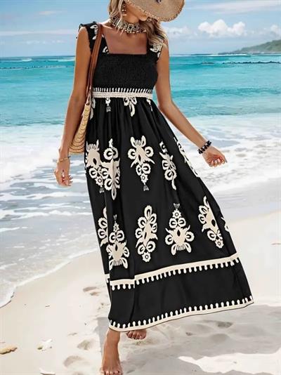 Kadın Askılı Kare Yaka Gipe Detaylı Desenli Suprem Elbise