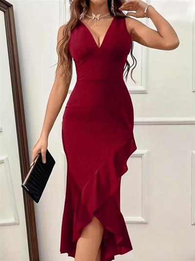 Kadın Askılı V Yakalı önden Fırfırlı Uzun Ithal Krep Elbise