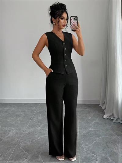 Kadın Askılı önden Düğmeli Bluz Ve Pantolon Keten Ikili Takım