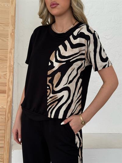 Kadın Bisiklet Yaka Kısa Kol Leopar Desen Bluz Ve Pantolon Ikili Takım