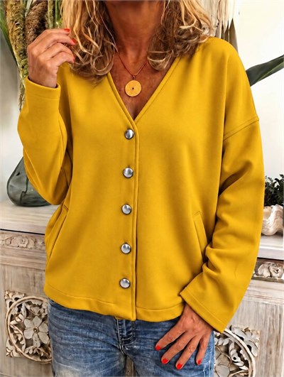 Kadın Düğme Detaylı V Yaka Oversize Hardal Sarısı Ceket / Hırka