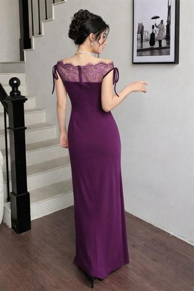 Kadın Göğüs Ve Yakası Dantel Detaylı Kayık Yaka Görünümlü Uzun Ithal Krep Elbise