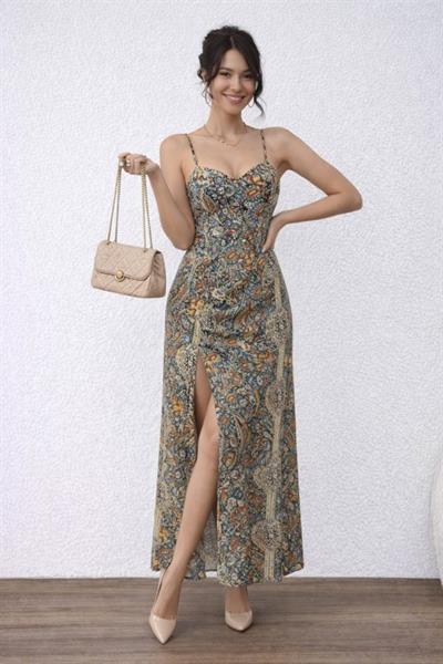 Kadın Ip Askılı Arkadan çapraz Kesim Detaylı Uzun Desenli Süprem Elbise