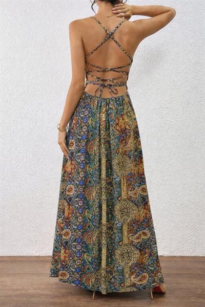 Kadın Ip Askılı Arkadan çapraz Kesim Detaylı Uzun Desenli Süprem Elbise