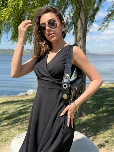 Kadın Ithal Krep Kumaş Kruvaze Yaka Eteği Kloş Kolsuz Mini Elbise