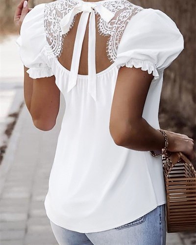 Kadın Kısa Karpuz Kollu Sırt Dantel Detay Jessica Bluz