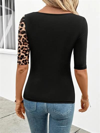 Kadın Kısa Kollu Asimetrik Kesim V Detaylı Leopar Desenli Viskon Bluz