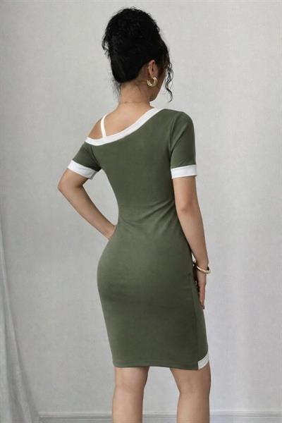 Kadın Kısa Kollu Asimetrik Kesim Yaka şerit Ve Aksesuar Detaylı Modal Elbise