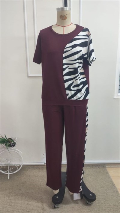 Kadın Kısa Kollu Bisiklet Yaka Zebra Desen Bluz Ve Pantolon Ikili Takım