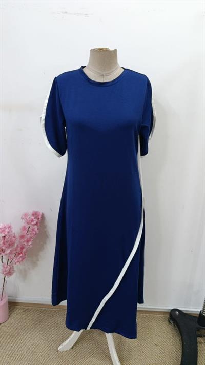 Kadın Kısa Kollu Bisiklet Yaka çift şerit Renk Detaylı Asimetrik Kesim Viskon Iki Iplik Elbise