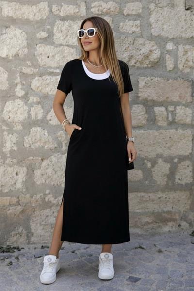 Kadın Kısa Kollu Içi Atlet Görünümlü Yandan Yırtmaçlı Uzun Viskon Elbise