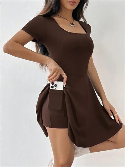 Kadın Kısa Kollu Kare Yaka Short Detaylı Cepli Dalgıç Elbise