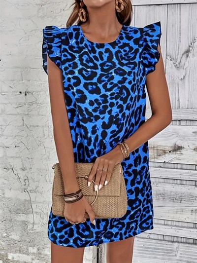 Kadın Kısa Kollu Kolları Fırfır Detay Arkası Bağlamalı Leopar Desen Kolsuz Mini Mikro Elbise