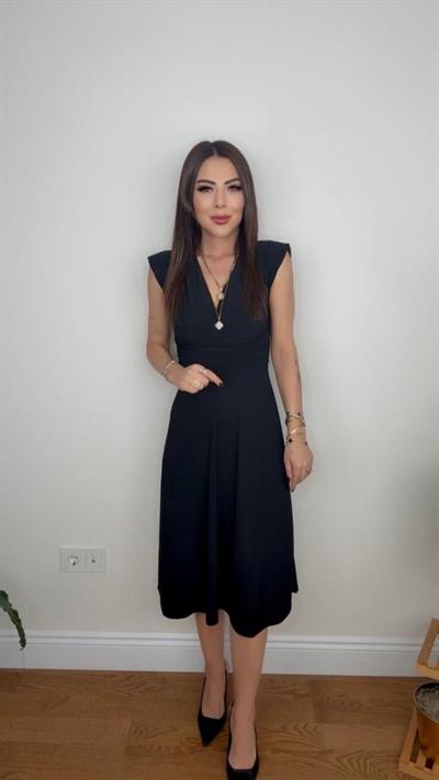 Kadın Kısa Kollu Kruvaze Yakalı Bel Korsajı Buzgulu Midi Janjan Krep Elbise