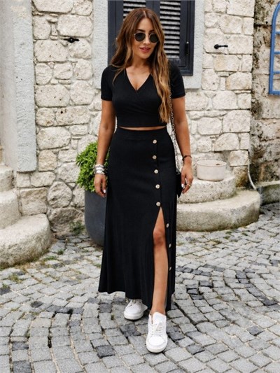 Kadın Kısa Kollu Kruvaze Yakalı Kısa Krop Ottoman Bluz Ve Midi Etek Ikili Takım
