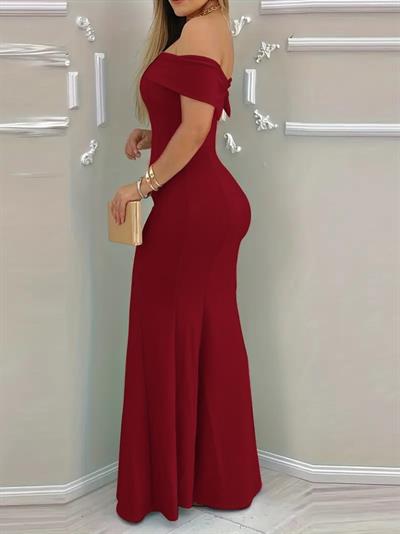 Kadın Kısa Kollu Madonna Yaka Belden Oturtmalı Uzun Ithal Krep Elbise