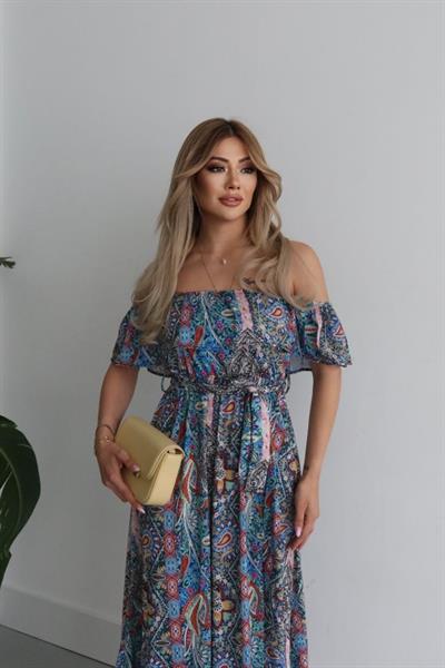 Kadın Kısa Kollu Madonna Yaka Fırfırlı Belden Yırtmaçlı Maksi Süprem Elbise