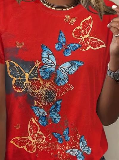 Kadın Kısa Kollu Mavi Sarı Kelebek Baskı Süprem T-shirt