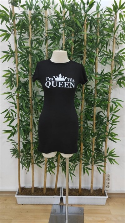 Kadın Kısa Kollu Queen Baskı Iki Iplik Mini Elbise