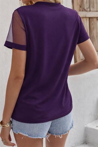 Kadın Kısa Kollu Tül Detaylı Taşlı Janjan Krep Bluz