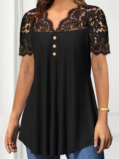 Kadın Kısa Kollu V Dantel Yakalı Düğmeli Viskon Bluz