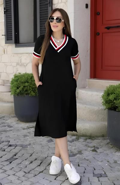 Kadın Kısa Kollu V Yaka Ribana Detay Midiboy Viskon Elbise