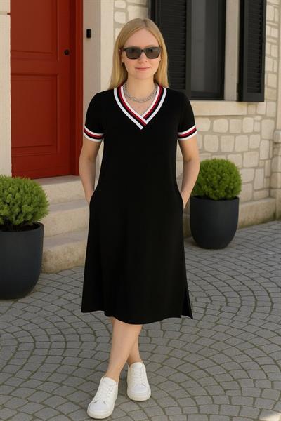 Kadın Kısa Kollu V Yaka Ribana Detay Midiboy Viskon Elbise