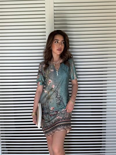 Kadın Kısa Kollu V Yakalı çiçek Baskılı Midi Süprem Elbise